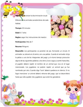 50
Objetivos: favorecer la discriminación visual.
Diferenciar los animales característicos de cada
hábitat.
Tiempo: 30 minutos
Edad: 6-7 años
Reglas: seguir las instrucciones de maestro
Participantes: Más de 7
Recurso: Ninguno
Desarrollo: Los participantes se pondrán de pie, formando un círculo. El
animador se ubicará en el centro con una pelota. Cuando el animador dirija
la pelota a uno de los integrantes del juego y al mismo tiempo pronuncie
alguna de las siguientes palabras: aire, tierra, luna o agua y cuente hasta diez,
el jugador deberá repetir el nombre de un animal que viva en el lugar
mencionado. Los jugadores no podrán repetir un animal que ya fue
nombrado por otro. Cuando diga “luna” deberá quedarse en silencio. Si no
logra mencionar un animal deberá retirarse del juego, que se desarrollará
hasta que sólo queden dos jugadores que serán los ganadores
 