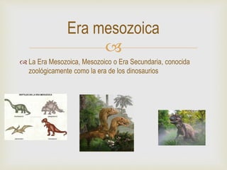 
 La Era Mesozoica, Mesozoico o Era Secundaria, conocida
zoológicamente como la era de los dinosaurios
Era mesozoica
 