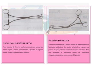 PINZAS PARA PULMÓN DE DUVAL
Pinza Intestinal de Duval es una herramienta de uso general que
permite sujetar y retraer tejidos blandos y pesados, en especial
durante cirugías exploratorias del abdomen.
PINZAS DE LOVELANCE
Las Pinzas Pulmonares de Lovelace ofrecen un amplio abanico de
beneficios quirúrgicos. Su función principal es exponer una
porción de tejido pulmonar o apartarlo de otras estructuras. Para
tales propósitos, el instrumento cuenta con mandíbulas
triangulares para sujetar zonas extensas del pulmón.
 