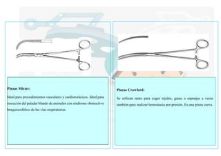 Pinzas Mixter:
Ideal para procedimientos vasculares y cardiotorácicos. Ideal para
resección del paladar blando de animales con síndrome obstructivo
braquiocefálico de las vías respiratorias.
Pinzas Crawford:
Se utilizan tanto para coger tejidos, gasas o esponjas a veces
también para realizar hemostasia por presión. Es una pinza curva.
 