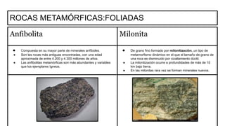 ROCAS METAMÓRFICAS:FOLIADAS
Anfibolita Milonita
● Compuesta en su mayor parte de minerales anfíboles.
● Son las rocas más antiguas encontradas, con una edad
aproximada de entre 4.200 y 4.300 millones de años.
● Las anfibolitas metamórficas son más abundantes y variables
que los ejemplares ígneos.
● De grano fino formado por milonitización, un tipo de
metamorfismo dinámico en el que el tamaño de grano de
una roca es disminuido por cizallamiento dúctil.
● La milonitización ocurre a profundidades de más de 10
km bajo tierra.
● En las milonitas rara vez se forman minerales nuevos.
 