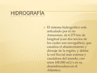 HIDROGRAFÍA
 El sistema hidrográfico está
articulado por el río
Amazonas, de 6.275 km de
longitud (casi dos tercios de
los cuales son navegables), que
canaliza el abastecimiento y
drenaje de la región, y define
la red fluvial más extensa y
caudalosa del mundo, con
unos 100.000 m3/s en su
desembocadura en el
Atlántico.
 