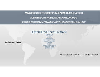 IDENTIDAD NACIONAL
DEFINICIÓN
ELEMENTOS
HISTORIA
TERRITORIO
SIMBOLOS PATRIOS
MUSICA Y DANZA
IDIOMA
RELIGIÓN
SIMBOLOS NATURALES
ARQUITECTURA
GASTRONOMIA
Alumno: Jonathan Castro|1er Año Sección “A”
Profesora | Celia
MINISTERIODELPODERPOPULARPARA LA EDUCACION
ZONAEDUCATIVADELESTADOANZOATEGUI
UNIDADEDUCATIVAPRIVADA“ANTONIOGUZMANBLANCO”
 