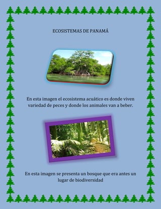 ECOSISTEMAS DE PANAMÁ
En esta imagen el ecosistema acuático es donde viven
variedad de peces y donde los animales van a beber.
En esta imagen se presenta un bosque que era antes un
lugar de biodiversidad
 