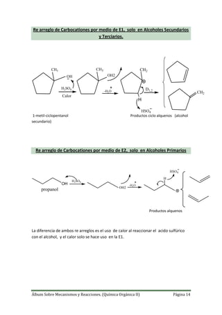 Álbum Sobre Mecanismos y Reacciones. (Química Orgánica II) Página 14
Re arreglo de Carbocationes por medio de E1, solo en Alcoholes Secundarios
y Terciarios.
CH3 CH3 CH2
CH2
H2SO4
-H2O
D1,2
OH OH2
H
HSO4
Calor
1-metil-ciclopentanol Productos ciclo alquenos (alcohol
secundario)
Re arreglo de Carbocationes por medio de E2, solo en Alcoholes Primarios
H2SO4
-H2O
OH2
HSO4
OH
propanol
H
Productos alquenos
La diferencia de ambos re arreglos es el uso de calor al reaccionar el acido sulfúrico
con el alcohol, y el calor solo se hace uso en la E1.
 