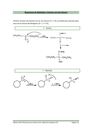 Álbum Sobre Mecanismos y Reacciones. (Química Orgánica II) Página 31
Reacciones de Aldehídos y Cetonas con Ion Cianuro
Primero se hará una reacción con el ion cianuro , se tendrá otra reacción pero
será con el cianuro de hidrogeno .
 Cetona:
CH3CH2 C CH2CH3 C N
CH3CH2 C
C
CH2CH3
N
O
O
H C N
CH3CH2 C CH2CH3
C
OH
N
 Aldehído:
C
H
O
C N
C
H
O
C
N
C
H
HO
C
N
H - C N
 