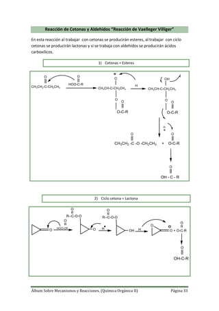 Álbum Sobre Mecanismos y Reacciones. (Química Orgánica II) Página 33
Reacción de Cetonas y Aldehídos “Reacción de Vaelleger Villiger”
En esta reacción al trabajar con cetonas se producirán esteres, al trabajar con ciclo
cetonas se producirán lactonas y si se trabaja con aldehídos se producirán ácidos
carboxílicos.
1) Cetonas = Esteres
CH3CH2-C-CH2CH3
HOO-C-R
O O
CH3CH-C-CH2CH3
O
O
O-C-R
O
H
CH3CH2 -C -O -CH2CH3 + O-C-R
OO
OH - C - R
O
CH3CH-C-CH2CH3
OH
O
O-C-R
O
H
2) Ciclo cetona = Lactona
O
HOO-CR
O
R--C-O-O
O
O
O
O + O-C-R
O
OH-C-R
O
H
R--C-O-O
OH
O
H
 