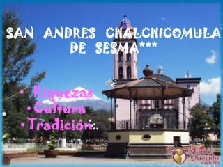 SAN ANDRES CHALCHICOMULA
       DE SESMA***


 • Riquezas
   • Cultura
 • Tradición
 
