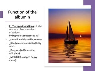 Function of the
albumin
• 2_ Transport functions : It also
acts as a plasma carrier
of various
hydrophobic substances as :
• _steroid and thyroid hormones
• _Bilurbin and unestrified fatty
acids
• _Drugs as (sulfa, aspirin,
salicylate)
• _Metal (CA, copper, heavy
metal)
12
 