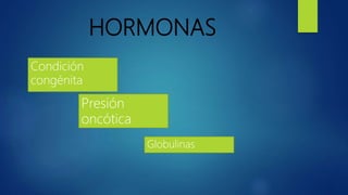 HORMONAS
Condición
congénita
Presión
oncótica
Globulinas
 