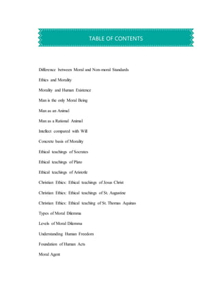 Difference between Moral and Non-moral Standards
Ethics and Morality
Morality and Human Existence
Man is the only Moral Being
Man as an Animal
Man as a Rational Animal
Intellect compared with Will
Concrete basis of Morality
Ethical teachings of Socrates
Ethical teachings of Plato
Ethical teachings of Aristotle
Christian Ethics: Ethical teachings of Jesus Christ
Christian Ethics: Ethical teachings of St. Augustine
Christian Ethics: Ethical teaching of St. Thomas Aquinas
Types of Moral Dilemma
Levels of Moral Dilemma
Understanding Human Freedom
Foundation of Human Acts
Moral Agent
TABLE OF CONTENTS
 