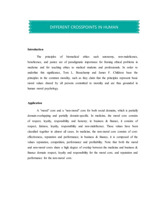 Introduction
The principles of biomedical ethics such autonomy, non-maleﬁcence,
beneﬁcence, and justice are of paradigmatic importance for framing ethical problems in
medicine and for teaching ethics to medical students and professionals. In order to
underline this signiﬁcance, Tom L. Beauchamp and James F. Childress base the
principles in the common morality, such as they claim that the principles represent basic
moral values shared by all persons committed to morality and are thus grounded in
human moral psychology.
Application
A “moral” core and a “non-moral” core for both social domains, which is partially
domain-overlapping and partially domain-speciﬁc. In medicine, the moral core consists
of respect, loyalty, responsibility and honesty; in business & ﬁnance, it consists of
respect, fairness, loyalty, responsibility and non-maleﬁcence. These values have been
classiﬁed together in almost all cases. In medicine, the non-moral core consists of cost-
effectiveness, reputation and performance; in business & ﬁnance, it is composed of the
values reputation, competition, performance and proﬁtability. Note that both the moral
and non-moral cores share a high degree of overlap between the medicine and business &
ﬁnance domain: respect, loyalty and responsibility for the moral core, and reputation and
performance for the non-moral core.
DIFFERENT CROSSPOINTS IN HUMAN
 