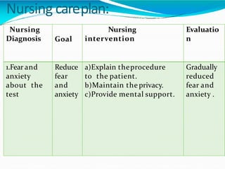 Nursing careplan:
Nursing
Diagnosis Goal
Nursing
intervention
Evaluatio
n
1.Fear and
anxiety
about the
test
Reduce
fear
an...