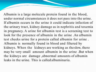 Albumin is a large molecule protein found in the blood,
under normal circumstances it does not pass into the urine.
If alb...