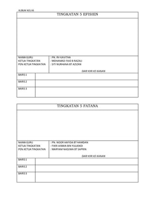 ALBUM KELAS
TINGKATAN 5 EFISIEN
NAMA GURU
KETUA TINGKATAN
PEN.KETUA TINGKATAN
: PN. RV KAVITHA
: MOHAMAD FAID B RAZALI
: SITI NURHANA BT AZIZAN
DARI KIRI KE KANAN
BARIS1
BARIS2
BARIS3
TINGKATAN 5 FATANA
NAMA GURU
KETUA TINGKATAN
PEN.KETUA TINGKATAN
: PN. NOOR HAFIDA BT HAMDAN
: FIKRI AIMAN BIN YULIANDI
: MARYAM NADJWA BT SAPRIN
DARI KIRI KE KANAN
BARIS1
BARIS2
BARIS3
 