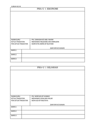 ALBUM KELAS
PRA-U 1 EKONOMI
NAMA GURU
KETUA TINGKATAN
PEN.KETUA TINGKATAN
: PN. ZURAIDAH BT ABD. RAHIM
: MOHAMAD MUZZAMIL BIN AMINUDIN
: NORFATIN AMIRA BT BUSTAMI
DARI KIRI KE KANAN
BARIS1
BARIS2
BARIS3
PRA-U 1 SEJARAH
NAMA GURU
KETUA TINGKATAN
PEN.KETUA TINGKATAN
: PN. NORFAZA BT AHMAD
: MOHAMAD ADHA BIN HALIM
: NOR AIZA BT MUSTAFA
DARI KIRI KE KANAN
BARIS1
BARIS2
BARIS3
 