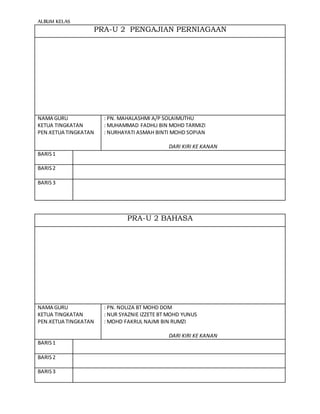 ALBUM KELAS
PRA-U 2 PENGAJIAN PERNIAGAAN
NAMA GURU
KETUA TINGKATAN
PEN.KETUA TINGKATAN
: PN. MAHALASHMI A/P SOLAIMUTHU
: MUHAMMAD FADHLI BIN MOHD TARMIZI
: NURHAYATI ASMAH BINTI MOHD SOPIAN
DARI KIRI KE KANAN
BARIS1
BARIS2
BARIS3
PRA-U 2 BAHASA
NAMA GURU
KETUA TINGKATAN
PEN.KETUA TINGKATAN
: PN. NOLIZA BT MOHD DOM
: NUR SYAZNIE IZZETE BT MOHD YUNUS
: MOHD FAKRUL NAJMI BIN RUMZI
DARI KIRI KE KANAN
BARIS1
BARIS2
BARIS3
 