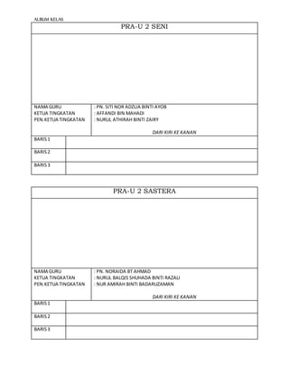 ALBUM KELAS
PRA-U 2 SENI
NAMA GURU
KETUA TINGKATAN
PEN.KETUA TINGKATAN
: PN. SITI NOR ADZLIA BINTI AYOB
: AFFANDI BIN MAHADI
: NURUL ATHIRAH BINTI ZAIRY
DARI KIRI KE KANAN
BARIS1
BARIS2
BARIS3
PRA-U 2 SASTERA
NAMA GURU
KETUA TINGKATAN
PEN.KETUA TINGKATAN
: PN. NORAIDA BT AHMAD
: NURUL BALQIS SHUHADA BINTI RAZALI
: NUR AMIRAH BINTI BADARUZAMAN
DARI KIRI KE KANAN
BARIS1
BARIS2
BARIS3
 