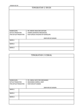 ALBUM KELAS
TINGKATAN 2 BUDI
NAMA GURU
KETUA TINGKATAN
PEN.KETUA TINGKATAN
: EN. MOHD ANAS BIN SAPUAN
: AIMAN ZAKWAN B MAZANIZAL
: NUR AZRIZA SYAZANA BT NURAZLAN
DARI KIRI KE KANAN
BARIS1
BARIS2
BARIS3
TINGKATAN 2 CEKAL
NAMA GURU
KETUA TINGKATAN
PEN.KETUA TINGKATAN
: EN. ABDUL HAFIZ BIN MOHAMAD
: MUHAMAD AMIRUL IZZAT
: NUR AINA BT SAMAD
DARI KIRI KE KANAN
BARIS1
BARIS2
BARIS3
 