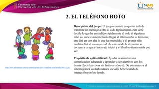 https://www.educapeques.com/wp-content/uploads/2019/10/telefono-escacharrado-300x212.jpg
Descripción del juego: El juego consiste en que un niño le
transmite un mensaje a otro al oído rápidamente, este debe
decirle lo que ha entendido rápidamente al oído al siguiente
niño, así sucesivamente hasta llegar al último niño, al terminar,
este dirá en voz alta lo que ha entendido, y el primer niño
también dirá el mensaje real, de este modo la diversión se
encuentra en que el mensaje inicial y el final no tienen nada que
ver.
Propósito de aplicabilidad: Ayudar desarrollar una
comunicación adecuada y aprender a ser asertivos con los
demás (decir las cosas sin lastimar al otro). De esta manera el
niño mejorará sus habilidades sociales beneficiando la
interacción con los demás.
2. EL TELÉFONO ROTO
 