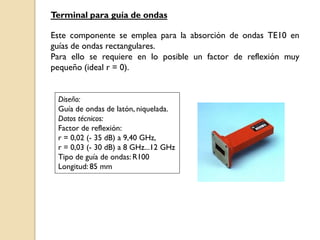 Terminal para guía de ondas

Este componente se emplea para la absorción de ondas TE10 en
guías de ondas rectangulares.
Para ello se requiere en lo posible un factor de reflexión muy
pequeño (ideal r = 0).


 Diseño:
 Guía de ondas de latón, niquelada.
 Datos técnicos:
 Factor de reflexión:
 r = 0,02 (- 35 dB) a 9,40 GHz,
 r = 0,03 (- 30 dB) a 8 GHz...12 GHz
 Tipo de guía de ondas: R100
 Longitud: 85 mm
 