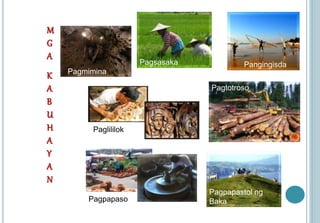 M 
G 
A 
K 
A 
B 
U 
H 
A 
Y 
A 
N 
Pagmimina 
Pangingisda 
Pagtotroso 
Pagsasaka 
Pagpapastol ng 
Paglililok 
Pagpapaso Baka 
 