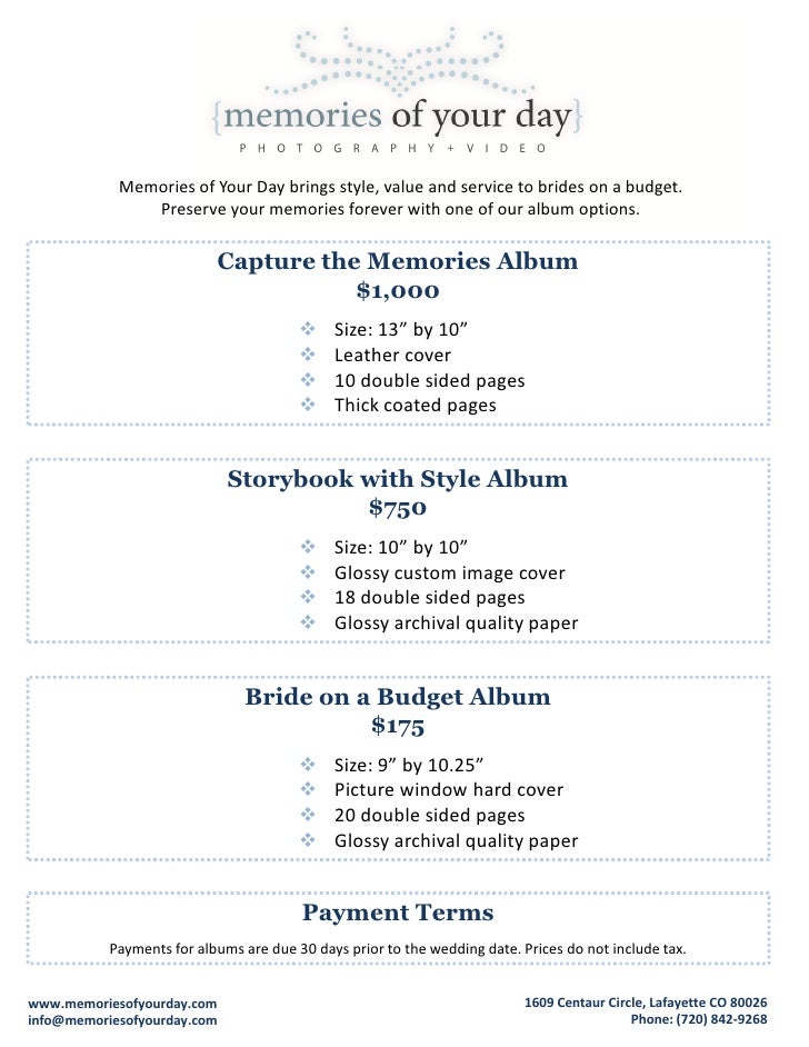 Wedding Album Pricing Memories of Your Day