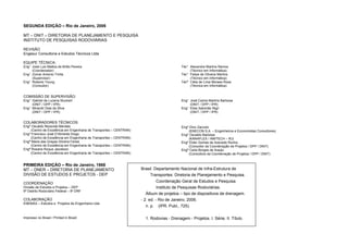 SEGUNDA EDIÇÃO – Rio de Janeiro, 2006
MT – DNIT – DIRETORIA DE PLANEJAMENTO E PESQUISA
INSTITUTO DE PESQUISAS RODOVIÁRIAS
REVISÃO
Engesur Consultoria e Estudos Técnicos Ltda
EQUIPE TÉCNICA:
Eng° José Luis Mattos de Britto Pereira
(Coordenador)
Eng° Zomar Antonio Trinta
(Supervisor)
Eng° Roberto Young
(Consultor)
Téc° Alexandre Martins Ramos
(Técnico em Informática)
Téc° Felipe de Oliveira Martins
(Técnico em Informática)
Técª Célia de Lima Moraes Rosa
(Técnica em Informática)
COMISSÃO DE SUPERVISÃO:
Eng° Gabriel de Lucena Stuckert
(DNIT / DPP / IPR)
Eng° Mirandir Dias da Silva
(DNIT / DPP / IPR)
Eng° José Carlos Martins Barbosa
(DNIT / DPP / IPR)
Eng° Elias Salomão Nigri
(DNIT / DPP / IPR)
COLABORADORES TÉCNICOS:
Engº Osvaldo Rezende Mendes
(Centro de Excelência em Engenharia de Transportes – CENTRAN)
Engº Francisco José D’Almeida Diogo
(Centro de Excelência em Engenharia de Transportes – CENTRAN)
Engª Maria das Graças Silveira Farias
(Centro de Excelência em Engenharia de Transportes – CENTRAN)
Engª Rosane Roque Jacobson
(Centro de Excelência em Engenharia de Transportes – CENTRAN)
Engº Dino Zaccolo
(ENECON S.A. – Engenheiros e Economistas Consultores)
Engº Osvaldo Barbosa
(KANAFLEX / AMITECH – RJ)
Engº Eider Gomes de Azevedo Rocha
(Consultor da Coordenação de Projetos / DPP / DNIT)
Engª Carla Borges de Araújo
(Consultora da Coordenação de Projetos / DPP / DNIT)
PRIMEIRA EDIÇÃO – Rio de Janeiro, 1988
MT – DNER – DIRETORIA DE PLANEJAMENTO
DIVISÃO DE ESTUDOS E PROJETOS - DEP
COORDENAÇÃO
Divisão de Estudos e Projetos – DEP
9º Distrito Rodoviário Federal – 9º DRF
COLABORAÇÃO
ENEMAX – Estudos e Projetos de Engenharia Ltda
Impresso no Brasil / Printed in Brazil
Brasil. Departamento Nacional de Infra-Estrutura de
Transportes. Diretoria de Planejamento e Pesquisa.
Coordenação Geral de Estudos e Pesquisa.
Instituto de Pesquisas Rodoviárias.
Álbum de projetos – tipo de dispositivos de drenagem.
- 2. ed. - Rio de Janeiro, 2006.
n. p. (IPR. Publ., 725).
1. Rodovias - Drenagem - Projetos. I. Série. II. Título.
 