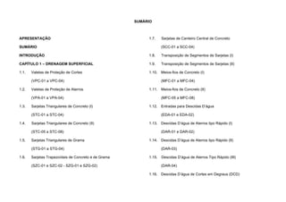 SUMÁRIO
APRESENTAÇÃO
SUMÁRIO
INTRODUÇÃO
CAPÍTULO 1 – DRENAGEM SUPERFICIAL
1.1. Valetas de Proteção de Cortes
(VPC-01 a VPC-04)
1.2. Valetas de Proteção de Aterros
(VPA-01 a VPA-04)
1.3. Sarjetas Triangulares de Concreto (I)
(STC-01 a STC-04)
1.4. Sarjetas Triangulares de Concreto (II)
(STC-05 a STC-08)
1.5. Sarjetas Triangulares de Grama
(STG-01 a STG-04)
1.6. Sarjetas Trapezoídais de Concreto e de Grama
(SZC-01 e SZC-02 - SZG-01 e SZG-02)
1.7. Sarjetas de Canteiro Central de Concreto
(SCC-01 a SCC-04)
1.8. Transposição de Segmentos de Sarjetas (I)
1.9. Transposição de Segmentos de Sarjetas (II)
1.10. Meios-fios de Concreto (I)
(MFC-01 a MFC-04)
1.11. Meios-fios de Concreto (II)
(MFC-05 a MFC-08)
1.12. Entradas para Descidas D’água
(EDA-01 e EDA-02)
1.13. Descidas D’água de Aterros tipo Rápido (I)
(DAR-01 e DAR-02)
1.14. Descidas D’água de Aterros tipo Rápido (II)
(DAR-03)
1.15. Descidas D’água de Aterros Tipo Rápido (III)
(DAR-04)
1.16. Descidas D’água de Cortes em Degraus (DCD)
 