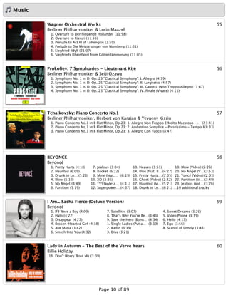 Music
55Wagner Orchestral Works
Berliner Philharmoniker & Lorin Maazel
1. Overture to Der ﬂiegende Holländer (11:58)
2. Overture to Rienzi (11:55)
3. Prelude to Act III of Lohengrin (2:59)
4. Prelude to Die Meistersinger von Nürnberg (11:01)
5. Siegfried-Idyll (21:07)
6. Siegfrieds Rheinfahrt from Götterdämmerung (11:05)
56Prokoﬁev: 7 Symphonies - Lieutenant Kijé
Berliner Philharmoniker & Seiji Ozawa
1. Symphony No. 1 in D, Op. 25 "Classical Symphony": I. Allegro (4:59)
2. Symphony No. 1 in D, Op. 25 "Classical Symphony": II. Larghetto (4:57)
3. Symphony No. 1 in D, Op. 25 "Classical Symphony": III. Gavotta (Non Troppo Allegro) (1:47)
4. Symphony No. 1 in D, Op. 25 "Classical Symphony": IV. Finale (Vivace) (4:15)
57Tchaikovsky: Piano Concerto No.1
Berliner Philharmoniker, Herbert von Karajan & Yevgeny Kissin
1. Piano Concerto No.1 in B Flat Minor, Op.23: 1. Allegro Non Troppo E Molto Maestoso -… (23:41)
2. Piano Concerto No.1 in B Flat Minor, Op.23: 2. Andantino Semplice - Prestissimo - Tempo I (8:33)
3. Piano Concerto No.1 in B Flat Minor, Op.23: 3. Allegro Con Fuoco (8:47)
58BEYONCÉ
Beyoncé
1. Pretty Hurts (4:18)
2. Haunted (6:09)
3. Drunk in Lo… (5:23)
4. Blow (5:10)
5. No Angel (3:49)
6. Partition (5:19)
7. Jealous (3:04)
8. Rocket (6:32)
9. Mine (feat.… (6:19)
10. XO (3:36)
11. ***Flawless… (4:11)
12. Superpower… (4:37)
13. Heaven (3:51)
14. Blue (feat. B… (4:27)
15. Pretty Hurts… (7:05)
16. Ghost (Video) (2:32)
17. Haunted (Vi… (5:21)
18. Drunk in Lo… (6:21)
19. Blow (Video) (5:26)
20. No Angel (V… (3:53)
21. Yoncé (Video) (2:03)
22. Partition (Vi… (3:49)
23. Jealous (Vid… (3:26)
…10 additional tracks
59I Am... Sasha Fierce (Deluxe Version)
Beyoncé
1. If I Were a Boy (4:09)
2. Halo (4:22)
3. Disappear (4:27)
4. Broken-Hearted Girl (4:38)
5. Ave Maria (3:42)
6. Smash Into You (4:32)
7. Satellites (3:07)
8. That's Why You're Be…(3:41)
9. Save the Hero (Bonu… (4:34)
1. Single Ladies (Put a… (3:13)
2. Radio (3:39)
3. Diva (3:21)
4. Sweet Dreams (3:28)
5. Video Phone (3:35)
6. Hello (4:17)
7. Ego (3:56)
8. Scared of Lonely (3:43)
60Lady in Autumn - The Best of the Verve Years
Billie Holiday
16. Don't Worry 'Bout Me (3:09)
Page 10 of 89
 