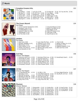 Music
103Complete Greatest Hits
The Cars
1. Just What I… (3:46)
2. My Best Fri… (3:46)
3. Good Time… (3:48)
4. You're All I'… (4:15)
5. Bye Bye Love (4:15)
6. Moving In S… (4:46)
7. Let's Go (3:36)
8. It's All I Can…(3:46)
9. Dangerous… (4:31)
10. Touch and Go(4:58)
11. Shake It Up (3:35)
12. Since You'r… (3:33)
13. I'm Not the… (4:14)
14. You Might… (3:08)
16. Magic (4:00)
17. Hello Again (3:49)
18. Why Can't I… (4:06)
19. Tonight Sh… (3:57)
20. You Are the…(3:56)
104The Covers Record
Cat Power
1. (I Can't Get No) Satisfaction (3:05)
2. Kingsport Town (4:55)
3. Troubled Waters (3:30)
4. Naked If I Want To (2:48)
5. Sweedeedee (3:53)
6. In This Hole (4:26)
7. I Found A Reason (2:01)
8. Wild Is The Wind (4:11)
9. Red Apples (4:24)
10. Paths Of Victory (3:24)
11. Salty Dog (2:08)
12. Sea Of Love (2:19)
105Jukebox
Cat Power
1. New York (2:00)
2. Ramblin' (Wo)Man (3:47)
3. Metal Heart (3:54)
4. Silver Stallion (2:53)
5. Aretha, Sing One Fo… (3:12)
6. Lost Someone (2:50)
7. Lord, Help The Poor… (2:37)
8. I Believe In You (4:07)
9. Song To Bobby (4:17)
10. Don't Explain (3:50)
11. Woman Left Lonely (4:07)
12. Blue (4:02)
1. I Feel (2:48)
2. Naked, If I Want To (2:37)
3. Breathless (5:04)
4. Angelitos Negros (7:33)
5. She's Got You (3:30)
106Acid Rap
Chance The Rapper
1. Good Ass Intro (ft. B…(3:59)
2. Pusha Man (ft. Nate… (7:24)
3. Cocoa Butter Kisses… (5:07)
4. Juice (Prod. by Nate… (3:35)
5. Lost (ft. Noname Gy… (3:05)
6. Everybody's Someth… (4:37)
7. Interlude (That's Lov…(2:30)
8. Favorite Song (ft. C… (3:05)
9. NaNa (ft. Action Bro… (3:21)
10. Smoke Again (ft. Ab… (4:33)
11. Acid Rain (Prod. by J…(3:36)
12. Chain Smoker (Prod… (3:31)
13. Everything's Good (… (5:33)
10710 Day
Chance The Rapper
1. 14,400 Minutes [pr… (2:13)
2. Nostalgia (3:24)
3. Missing You [prod.… (3:24)
4. Windows (Ft Alex Wi…(3:00)
5. Brain Cells [prod. by…(4:56)
6. Long Time (3:45)
7. 22 Offs (1:39)
8. U Got Me Fucked Up…(2:55)
9. Family (ft Vic Mensa… (4:05)
10. Juke Juke [prod. by… (4:09)
11. Fuck You Tahm Bout (4:13)
12. Long Time II (ft. Nic… (3:57)
13. Prom Night [Prod by…(5:29)
14. Hey Ma (ft. Lili K an… (5:04)
108Phantom
Chester Watson
1. Phantom [P… (2:54)
2. Wake Bake… (2:01)
3. Kudo [Prod.…(1:12)
4. Payps [Prod… (2:07)
5. Villain [Pro… (2:10)
6. Green Owl […(3:30)
7. Shapeshifte… (1:43)
8. Purple Leav… (4:07)
9. Infamous [P…(3:07)
10. Corsair [Pro…(2:41)
11. Labyrinth [P…(4:09)
12. Slut Muffins…(2:58)
13. Goldie [Pro… (1:38)
14. Ancient fea… (3:05)
15. Magic [Prod…(3:55)
16. Brain Dead… (3:17)
17. Pollution [P… (3:12)
18. Wicked [Pro…(3:14)
19. NocTurnEar…(2:19)
20. Smoking Bu…(2:03)
21. Gumball [Pr…(2:58)
Page 18 of 89
 