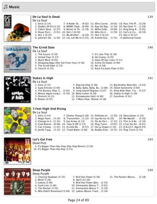 Music
139De La Soul Is Dead
De La Soul
1. Intro (2:14)
2. Oodles Of O's(3:32)
3. Talkin' Bout…(2:27)
4. Pease Porri… (5:01)
5. Skit 1 (0:25)
6. Johnny's De…(1:56)
7. A Roller Sk… (4:02)
8. WRMS' Dedi…(0:46)
9. Bitties In Th…(5:39)
10. Skit 2 (0:30)
11. My Brother'… (4:20)
12. Let, Let Me In (3:25)
13. Afro Conne… (4:03)
14. Rap De Rap… (2:19)
15. Millie Pulle… (4:09)
16. Who Do U… (1:59)
17. Skit 3 (0:32)
18. Kicked Out… (1:55)
19. Pass The Pl… (3:29)
20. Not Over Ti… (1:29)
21. Ring Ring R… (5:05)
22. Cat's In Co… (0:33)
23. Skit 4 (0:12)
…4 additional tracks
140The Grind Date
De La Soul
1. The Future (3:50)
2. Verbal Clap (3:17)
3. Much More (4:05)
4. Shopping Bags (She Got From You) (3:58)
5. The Grind Date (3:23)
6. Church (5:34)
7. It's Like That (4:38)
8. He Comes (3:45)
9. Days Of Our Lives (3:51)
10. Come On Down (4:40)
11. No (4:58)
12. Rock Co.Kane Flow (3:05)
141Stakes Is High
De La Soul
1. Intro (2:35)
2. Supa Emcees (3:40)
3. The Bizness (feat. C… (5:42)
4. Wonce Again Long I… (3:39)
5. Dinninit (4:21)
6. Brakes (4:07)
7. Dog Eat Dog (3:38)
8. Baby, Baby, Baby, Ba…(2:08)
9. Long Island Degrees (3:27)
10. Betta Listen (4:28)
11. Itzsoweezee (Hot) (4:48)
12. 4 More (feat. Zhane) (4:18)
13. Big Brother Beat (fea…(3:43)
14. Down Syndrome (3:04)
15. Pony Ride (feat. Tru… (5:27)
16. Stakes Is High (5:30)
17. Sunshine (3:41)
1423 Feet High And Rising
De La Soul
1. Intro (1:41)
2. Magic Num… (3:16)
3. Change In S…(2:33)
4. Cool Breeze…(0:48)
5. Can U Keep… (1:41)
6. Jenifa Taug… (3:25)
7. Ghetto Thang(3:36)
8. Transmittin… (1:12)
9. Eye Know (4:13)
10. Take It Off (1:53)
11. A Little Bit… (0:57)
12. Tread Water (3:46)
13. Potholes In… (3:50)
14. Say No Go (4:20)
15. Do As De L… (2:12)
16. Plug Tunin… (4:07)
17. De La Orgee (1:14)
18. Buddy (Feat…(4:55)
19. Description (1:32)
20. Me Myself… (3:50)
21. This Is A Re…(3:10)
22. I Can Do An…(0:41)
23. D.A.I.S.Y. Age(4:43)
24. Plug Tunin (3:43)
143Let's Get Free
Dead Prez
4. It's Bigger Than Hip-Hop (Hip-Hop Remix) (3:34)
16. It's Bigger Than Hip Hop (3:55)
144Deep Purple
Deep Purple
1. Chasing Shadows (5:35)
2. Blind (5:26)
3. Lalena (5:06)
4. Fault Line (1:46)
5. The Painter (3:52)
6. Why Didn't Rosemary? (5:04)
7. Bird Has Flown (5:36)
8. April (12:10)
9. Bird Has Flown (Bon… (2:54)
10. Emmaretta (Bonus T…(3:01)
11. Emmaretta (Bonus T…(3:10)
12. Lalena (Bonus Track… (3:34)
13. The Painter (Bonus… (2:18)
Page 24 of 89
 