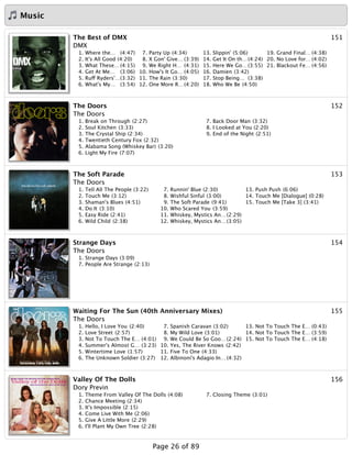 Music
151The Best of DMX
DMX
1. Where the… (4:47)
2. It's All Good (4:20)
3. What These… (4:15)
4. Get At Me… (3:06)
5. Ruff Ryders'…(3:32)
6. What's My… (3:54)
7. Party Up (4:34)
8. X Gon' Give… (3:39)
9. We Right H… (4:31)
10. How's It Go… (4:05)
11. The Rain (3:30)
12. One More R…(4:20)
13. Slippin' (5:06)
14. Get It On th…(4:24)
15. Here We Go…(3:55)
16. Damien (3:42)
17. Stop Being… (3:38)
18. Who We Be (4:50)
19. Grand Final… (4:38)
20. No Love for… (4:02)
21. Blackout Fe… (4:56)
152The Doors
The Doors
1. Break on Through (2:27)
2. Soul Kitchen (3:33)
3. The Crystal Ship (2:34)
4. Twentieth Century Fox (2:32)
5. Alabama Song (Whiskey Bar) (3:20)
6. Light My Fire (7:07)
7. Back Door Man (3:32)
8. I Looked at You (2:20)
9. End of the Night (2:51)
153The Soft Parade
The Doors
1. Tell All The People (3:22)
2. Touch Me (3:12)
3. Shaman's Blues (4:51)
4. Do It (3:10)
5. Easy Ride (2:41)
6. Wild Child (2:38)
7. Runnin' Blue (2:30)
8. Wishful Sinful (3:00)
9. The Soft Parade (9:41)
10. Who Scared You (3:59)
11. Whiskey, Mystics An…(2:29)
12. Whiskey, Mystics An…(3:05)
13. Push Push (6:06)
14. Touch Me [Dialogue] (0:28)
15. Touch Me [Take 3] (3:41)
154Strange Days
The Doors
1. Strange Days (3:09)
7. People Are Strange (2:13)
155Waiting For The Sun (40th Anniversary Mixes)
The Doors
1. Hello, I Love You (2:40)
2. Love Street (2:57)
3. Not To Touch The E… (4:01)
4. Summer's Almost G… (3:23)
5. Wintertime Love (1:57)
6. The Unknown Soldier (3:27)
7. Spanish Caravan (3:02)
8. My Wild Love (3:01)
9. We Could Be So Goo…(2:24)
10. Yes, The River Knows (2:42)
11. Five To One (4:33)
12. Albinoni's Adagio In… (4:32)
13. Not To Touch The E… (0:43)
14. Not To Touch The E… (3:59)
15. Not To Touch The E… (4:18)
156Valley Of The Dolls
Dory Previn
1. Theme From Valley Of The Dolls (4:08)
2. Chance Meeting (2:34)
3. It's Impossible (2:15)
4. Come Live With Me (2:06)
5. Give A Little More (2:29)
6. I'll Plant My Own Tree (2:28)
7. Closing Theme (3:01)
Page 26 of 89
 