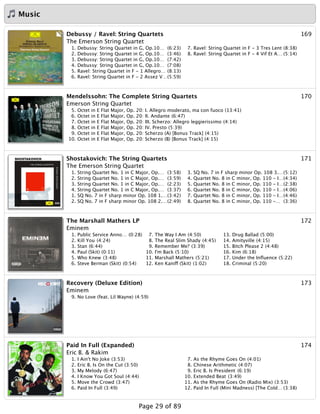 Music
169Debussy / Ravel: String Quartets
The Emerson String Quartet
1. Debussy: String Quartet in G, Op.10… (6:23)
2. Debussy: String Quartet in G, Op.10… (3:46)
3. Debussy: String Quartet in G, Op.10… (7:42)
4. Debussy: String Quartet in G, Op.10… (7:08)
5. Ravel: String Quartet in F - 1 Allegro… (8:13)
6. Ravel: String Quartet in F - 2 Assez V…(5:59)
7. Ravel: String Quartet in F - 3 Tres Lent (8:38)
8. Ravel: String Quartet in F - 4 Vif Et A… (5:14)
170Mendelssohn: The Complete String Quartets
Emerson String Quartet
5. Octet in E Flat Major, Op. 20: I. Allegro moderato, ma con fuoco (13:41)
6. Octet in E Flat Major, Op. 20: II. Andante (6:47)
7. Octet in E Flat Major, Op. 20: III. Scherzo: Allegro leggierissimo (4:14)
8. Octet in E Flat Major, Op. 20: IV. Presto (5:39)
9. Octet in E Flat Major, Op. 20: Scherzo (A) [Bonus Track] (4:15)
10. Octet in E Flat Major, Op. 20: Scherzo (B) [Bonus Track] (4:15)
171Shostakovich: The String Quartets
The Emerson String Quartet
1. String Quartet No. 1 in C Major, Op.… (3:58)
2. String Quartet No. 1 in C Major, Op.… (3:59)
3. String Quartet No. 1 in C Major, Op.… (2:23)
4. String Quartet No. 1 in C Major, Op.… (3:37)
1. SQ No. 7 in F sharp minor Op. 108 1.…(3:42)
2. SQ No. 7 in F sharp minor Op. 108 2.…(2:49)
3. SQ No. 7 in F sharp minor Op. 108 3.…(5:12)
4. Quartet No. 8 in C minor, Op. 110 - I…(4:34)
5. Quartet No. 8 in C minor, Op. 110 - I…(2:38)
6. Quartet No. 8 in C minor, Op. 110 - I…(4:06)
7. Quartet No. 8 in C minor, Op. 110 - I…(4:46)
8. Quartet No. 8 in C minor, Op. 110 -… (3:36)
172The Marshall Mathers LP
Eminem
1. Public Service Anno… (0:28)
2. Kill You (4:24)
3. Stan (6:44)
4. Paul (Skit) (0:11)
5. Who Knew (3:48)
6. Steve Berman (Skit) (0:54)
7. The Way I Am (4:50)
8. The Real Slim Shady (4:45)
9. Remember Me? (3:39)
10. I'm Back (5:10)
11. Marshall Mathers (5:21)
12. Ken Kaniff (Skit) (1:02)
13. Drug Ballad (5:00)
14. Amityville (4:15)
15. Bitch Please 2 (4:48)
16. Kim (6:18)
17. Under the Inﬂuence (5:22)
18. Criminal (5:20)
173Recovery (Deluxe Edition)
Eminem
9. No Love (feat. Lil Wayne) (4:59)
174Paid In Full (Expanded)
Eric B. & Rakim
1. I Ain't No Joke (3:53)
2. Eric B. Is On the Cut (3:50)
3. My Melody (6:47)
4. I Know You Got Soul (4:44)
5. Move the Crowd (3:47)
6. Paid In Full (3:49)
7. As the Rhyme Goes On (4:01)
8. Chinese Arithmetic (4:07)
9. Eric B. Is President (6:19)
10. Extended Beat (3:49)
11. As the Rhyme Goes On (Radio Mix) (3:53)
12. Paid In Full (Mini Madness) [The Cold… (3:38)
Page 29 of 89
 