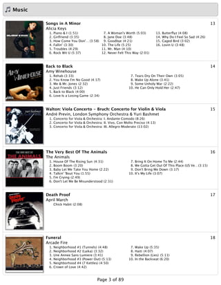 Music
13Songs in A Minor
Alicia Keys
1. Piano & I (1:51)
2. Girlfriend (3:35)
3. How Come You Don'… (3:58)
4. Fallin' (3:30)
5. Troubles (4:29)
6. Rock Wit U (5:37)
7. A Woman's Worth (5:03)
8. Jane Doe (3:48)
9. Goodbye (4:21)
10. The Life (5:25)
11. Mr. Man (4:10)
12. Never Felt This Way (2:01)
13. Butterﬂyz (4:08)
14. Why Do I Feel So Sad (4:26)
15. Caged Bird (3:02)
16. Lovin U (3:48)
14Back to Black
Amy Winehouse
1. Rehab (3:33)
2. You Know I'm No Good (4:17)
3. Me & Mr. Jones (2:32)
4. Just Friends (3:12)
5. Back to Black (4:00)
6. Love Is a Losing Game (2:34)
7. Tears Dry On Their Own (3:05)
8. Wake Up Alone (3:41)
9. Some Unholy War (2:22)
10. He Can Only Hold Her (2:47)
15Walton: Viola Concerto - Bruch: Concerto for Violin & Viola
André Previn, London Symphony Orchestra & Yuri Bashmet
1. Concerto for Viola & Orchestra: I. Andante Comodo (8:26)
2. Concerto for Viola & Orchestra: II. Vivo, Con Molto Preciso (4:13)
3. Concerto for Viola & Orchestra: III. Allegro Moderato (13:02)
16The Very Best Of The Animals
The Animals
1. House Of The Rising Sun (4:31)
2. Boom Boom (3:20)
3. Baby Let Me Take You Home (2:22)
4. Talkin' 'Bout You (1:55)
5. I'm Crying (2:49)
6. Don't Let Me Be Misunderstood (2:31)
7. Bring It On Home To Me (2:44)
8. We Gotta Get Out Of This Place (US Ve…(3:15)
9. Don't Bring Me Down (3:17)
10. It's My Life (3:07)
17Death Proof
April March
Chick Habit (2:08)
18Funeral
Arcade Fire
1. Neighborhood #1 (Tunnels) (4:48)
2. Neighborhood #2 (Laika) (3:32)
3. Une Annee Sans Lumiere (3:41)
4. Neighborhood #3 (Power Out) (5:13)
5. Neighborhood #4 (7 Kettles) (4:50)
6. Crown of Love (4:42)
7. Wake Up (5:35)
8. Haiti (4:07)
9. Rebellion (Lies) (5:11)
10. In the Backseat (6:20)
Page 3 of 89
 