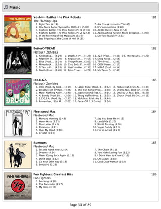 Music
181Yoshimi Battles the Pink Robots
The Flaming Lips
1. Fight Test (4:14)
2. One More Robot/Sympathy 3000-21 (5:00)
3. Yoshimi Battles The Pink Robots Pt. 1 (4:46)
4. Yoshimi Battles The Pink Robots Pt. 2 (2:58)
5. In the Morning of the Magicians (6:19)
6. Ego Tripping at the Gates of Hell (4:35)
7. Are You A Hypnotist?? (4:45)
8. It's Summertime (4:20)
10. All We Have Is Now (3:53)
11. Approaching Pavonis Mons By Balloo… (3:09)
1. Do You Realize?? (3:33)
182BetterOffDEAD
Flatbush ZOMBiES
1. Amerikkka… (4:29)
2. Nephilim (P… (3:20)
3. Bliss (Prod.… (3:24)
4. Minephuck… (1:58)
5. G Tearz (Pr… (4:18)
6. Death (Prod…(3:40)
7. Death 2 (Pr… (1:29)
8. Regular an… (4:55)
9. Thugniﬁcen…(3:03)
10. Club Soda f… (4:05)
11. LiveFromHe…(2:33)
12. Palm Trees… (4:21)
13. 222 (Prod.… (4:36)
14. Drug Parad… (2:58)
15. TP4 (Prod.… (2:45)
16. GOD Blesse… (2:17)
17. MRAZ (Prod…(4:54)
18. My Team, S… (2:41)
19. The Results… (4:20)
183D.R.U.G.S.
Flatbush Zombies
1. Intro (Prod. By Erick… (4:19)
2. Breakfast AT ePiffan… (4:26)
3. Mary, Nothing Abov… (3:40)
4. Al Bundy (Prod. By… (2:08)
5. S.C.O.S.A. (Prod. By… (2:57)
6. Remember, I Got M… (2:02)
7. Laker Paper (Prod. B… (4:32)
8. The Fun Song (Prod.…(1:58)
9. JupiterSound feat. K… (4:15)
10. Thug Waffle (Prod. B…(3:25)
11. YBA feat. Erick Arc E…(4:44)
12. Face-Off (L.S.Darko)…(3:04)
13. Friday feat. Erick Ar… (3:33)
14. Drama feat. Erick Ar…(4:56)
15. Devil & Us feat. Eric… (6:39)
16. Chuch (Prod. By Eric… (4:15)
184Fleetwood Mac
Fleetwood Mac
1. Monday Morning (2:48)
2. Warm Ways (3:55)
3. Blue Letter (2:41)
4. Rhiannon (4:11)
5. Over My Head (3:38)
6. Crystal (5:14)
7. Say You Love Me (4:11)
8. Landslide (3:20)
9. World Turning (4:26)
10. Sugar Daddy (4:11)
11. I'm So Afraid (4:23)
185Rumours
Fleetwood Mac
1. Second Hand News (2:54)
2. Dreams (4:14)
3. Never Going Back Again (2:15)
4. Don't Stop (3:12)
5. Go Your Own Way (3:38)
6. Songbird (3:23)
7. The Chain (4:31)
8. You Make Loving Fun (3:32)
9. I Don't Want to Know (3:16)
10. Oh Daddy (3:58)
11. Gold Dust Woman (5:02)
186Foo Fighters: Greatest Hits
Foo Fighters
3. Everlong (4:10)
4. The Pretender (4:27)
5. My Hero (4:19)
Page 31 of 89
 