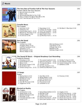 Music
193The Very Best of Frankie Valli & The Four Seasons
Frankie Valli & The Four Seasons
2. Big Girls Don't Cry (2:26)
5. Dawn (2:48)
11. Working My Way Back to You (3:06)
12. Opus 17 (Don't You Worry 'Bout Me) (2:36)
15. Can't Take My Eyes Off You (3:23)
194Costello Music
The Fratellis
1. Henrietta (3:32)
2. Flathead (3:25)
3. Country Boys and Ci…(3:31)
4. Whistle For The Choir (3:32)
5. Chelsea Dagger (3:36)
6. For the Girl (2:49)
7. Doginabag (3:11)
8. Creepin' Up Tha Bac… (3:07)
9. Vince The Loveable… (3:16)
10. Everybody Knows Y… (3:53)
11. Baby Fratelli (4:02)
12. Got Ma Nuts from a… (3:11)
13. Ole Black 'n' Blue Eyes (3:16)
195Here We Stand
The Fratellis
Tell Me A Lie (4:00)
Stragglers Moon (4:32)
Look Out Sunshine! (3:53)
Shameless (3:57)
My Friend John (3:02)
Mistress Mabel (4:28)
Milk And Money (4:47)
Lupe Brown (5:24)
A Heady Tale (4:53)
Babydoll (5:06)
Acid Jazz Singer (4:22)
196The Sound Of Music - Original Broadway Cast Recording
Frederick Dvonch
1. Preludium (2:20)
2. Sound Of Music (2:43)
3. Maria (3:24)
4. My Favorite Things (2:50)
5. Do-Re-Mi (5:56)
6. Sixteen Going on Se… (3:53)
7. The Lonely Goatherd (3:24)
8. How Can Love Survi… (3:05)
9. The Sound of Music… (3:16)
10. Laendler (2:27)
11. So Long, Farewell (2:53)
12. Climb Ev'ry Mountain (3:33)
13. No Way To Stop It (3:07)
14. An Ordinary Couple (3:38)
16. Sixteen Going on Se… (2:19)
17. Edelweiss (2:09)
19713 Songs
Fugazi
1. Waiting Room (2:53)
2. Bulldog Front (2:53)
3. Bad Mouth (2:36)
4. Burning (2:40)
5. Give Me The Cure (2:58)
6. Suggestion (4:44)
7. Glue Man (4:24)
8. Margin Walker (2:30)
9. And The Same (3:27)
10. Burning Too (2:51)
11. Provisional (2:18)
12. Lockdown (2:11)
13. Promises (4:02)
198Blunted on Reality
The Fugees
1. Introduction (1:15)
2. Nappy Heads (4:29)
3. Blunted Interlude (6:49)
4. Recharge (5:10)
5. Freestyle Interlude (1:08)
6. Vocab (5:02)
7. Special News Bulletin (0:21)
8. Boof Baf (5:09)
9. Temple (4:03)
10. How Hard Is It (3:52)
11. Harlem Chit Chat In… (0:50)
12. Some Seek Stardom (3:42)
13. Giggles (4:21)
14. Da Kid from Haiti In… (1:00)
15. Rufugees On the Mic (4:58)
16. Living Like There Ai… (4:00)
17. Shouts Out from the…(9:16)
18. Nappy Heads (Remix) (5:22)
Page 33 of 89
 