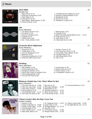Music
19Neon Bible
Arcade Fire
1. Black Mirror (4:13)
2. Keep the Car Running (3:29)
3. Neon Bible (2:17)
4. Intervention (4:19)
5. Black Wave / Bad Vibrations (3:58)
6. Ocean of Noise (4:54)
7. The Well and the Lighthouse (3:57)
8. Antichrist Television Blues (5:10)
9. Windowsill (4:16)
10. No Cars Go (5:44)
11. My Body Is a Cage (4:47)
20AM
Arctic Monkeys
1. Do I Wanna Know? (4:32)
2. R U Mine? (3:22)
3. One For the Road (3:26)
4. Arabella (3:27)
5. I Want It All (3:04)
6. No. 1 Party Anthem (4:03)
7. Mad Sounds (3:35)
8. Fireside (3:01)
9. Why'd You Only Call Me When You're… (2:41)
10. Snap Out of It (3:13)
11. Knee Socks (4:18)
12. I Wanna Be Yours (3:04)
21Favourite Worst Nightmare
Arctic Monkeys
1. Brianstorm (2:52)
2. Teddy Picker (2:41)
3. D Is for Dangerous (2:15)
4. Balaclava (2:47)
5. Fluorescent Adolescent (2:53)
6. Only Ones Who Know (3:01)
7. Do Me a Favour (3:25)
8. This House Is a Circus (3:10)
9. If You Were There, Beware (4:34)
10. The Bad Thing (2:23)
11. Old Yellow Bricks (3:07)
12. 505 (4:14)
22Humbug
Arctic Monkeys
1. My Propeller (3:23)
2. Crying Lightning (3:44)
3. Dangerous Animals (3:31)
4. Secret Door (Fools on Parade) (5:04)
5. Potion Approaching (1:36)
6. Fire and The Thud (3:58)
7. Cornerstone (3:18)
8. Dance Little Liar (4:37)
9. Pretty Visitors (3:34)
10. The Jeweller's Hands (5:37)
23Whatever People Say I Am, That's What I'm Not
Arctic Monkeys
1. The View from the A… (3:40)
2. I Bet You Look Good… (2:56)
3. Fake Tales of San Fr… (3:00)
4. Dancing Shoes (2:23)
5. You Probably Could… (2:13)
6. Still Take You Home (2:56)
7. Riot Van (2:17)
8. Red Light Indicates… (2:26)
9. Mardy Bum (2:57)
10. Perhaps Vampires Is… (4:31)
11. When the Sun Goes… (3:22)
12. From the Ritz to the… (3:15)
13. A Certain Romance (5:31)
24I Never Loved a Man the Way I Love You
Aretha Franklin
1. Respect (2:28)
2. Drown In My Own Te…(4:08)
3. I Never Loved a Man… (2:52)
4. Soul Serenade (2:39)
5. Don't Let Me Lose T… (2:24)
6. Baby, Baby, Baby (2:55)
7. Dr. Feelgood (Love I… (3:23)
8. Good Times (2:10)
9. Do Right Woman - D…(3:17)
10. Save Me (2:22)
11. A Change Is Gonna… (4:20)
12. Respect (Stereo Vers… (2:29)
13. I Never Loved a Man… (2:46)
14. Do Right Woman, Do…(3:15)
Page 4 of 89
 