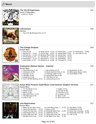Music
247The 20/20 Experience
Justin Timberlake
9. Mirrors (8:06)
248Leftoverture
Kansas
Carry On My Wayward Son (5:27)
249The College Dropout
Kanye West
1. Intro (0:19)
2. We Don't C… (4:01)
4. All Falls Do… (3:45)
5. I'll Fly Away (1:11)
6. Spaceship F…(5:25)
7. Jesus Walks (3:15)
8. Never Let M…(5:25)
9. Get Em Hig… (4:50)
10. Workout Plan (0:46)
11. The New W… (5:24)
12. Slow Jamz F…(5:17)
13. Breathe In B…(4:08)
14. School Spiri…(1:19)
15. School Spirit (3:02)
16. School Spiri…(0:44)
17. Lil Jimmy (S… (0:54)
18. Two Words… (4:27)
19. Through Th…(3:42)
20. Family Busi… (4:40)
21. Last Call (12:41)
250Graduation [Deluxe Edition - Explicit]
Kanye West
1. Good Morning (3:16)
2. Champion (2:49)
3. Stronger (5:13)
4. I Wonder (4:04)
5. Good Life (3:28)
6. Can't Tell Me Nothing (4:33)
7. Barry Bonds (3:25)
8. Drunk And Hot Girls (5:14)
9. Flashing Lights (3:58)
10. Everything I Am (3:49)
11. The Glory (3:34)
12. Homecoming (3:25)
13. Big Brother (4:49)
14. Bittersweet Poetry (4:03)
15. Good Night (3:06)
251Kanye West Presents Good Music Cruel Summer [Explicit Version]
Kanye West
1. To The World (3:51)
2. Clique (4:54)
3. Mercy (5:26)
4. New God Flow.1 (5:57)
5. The Morning (4:35)
6. Cold (3:36)
7. Higher (4:34)
8. Sin City (4:28)
9. The One (5:45)
10. Creepers (3:14)
11. Bliss (3:30)
12. Don't Like (4:44)
252Late Registration
Kanye West
1. Wake-Up Mr. West (0:42)
2. Heard 'Em Say Feat.… (3:25)
3. Touch The Sky Feat.…(3:58)
4. Gold Digger Feat. Ja… (3:29)
6. Drive Slow Feat. Pau…(4:34)
7. My Way Home Feat.… (1:45)
8. Crack Music Feat. T… (4:32)
9. Roses (4:07)
10. Bring Me Down Feat… (3:20)
11. Addiction (4:28)
13. Diamonds From Sier…(3:54)
14. We Major Feat. Nas… (7:30)
16. Hey Mama (5:06)
17. Celebration (3:19)
19. Gone Feat. Consequ… (6:04)
20. Diamonds From Sier…(3:59)
21. Late (3:50)
Page 42 of 89
 