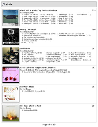 Music
259Good Kid, M.A.A.D. City (Deluxe Version)
Kendrick Lamar
1. Sherane a.k… (4:33)
2. Bitch, Don’t…(5:11)
3. Backseat Fr… (3:33)
4. The Art of P…(5:25)
5. Money Tree…(6:27)
6. Poetic Justi… (5:00)
7. Good Kid (3:34)
8. M.A.A.D Cit… (5:50)
9. Swimming… (5:14)
10. Sing Abou… (12:04)
11. Real (feat.… (7:23)
12. Compton (f… (4:08)
13. The Recipe… (5:53)
14. Black Boy Fl…(4:39)
15. Now Or Nev…(4:17)
16. Collect Call… (3:58)
17. Swimming… (4:08)
18. Bitch, Don’t…(4:39)
Digital Booklet -…()
260Overly Dedicated
Kendrick Lamar
1. Growing Apart (To Get Closer) [feat. J…(3:41)
2. Ignorance Is Bliss (3:30)
3. P&P 1.5 (feat. Ab-Soul) (6:02)
6. Michael Jordan (feat. Schoolboy Q) (5:51)
9. Average Joe (4:16)
10. H.O.C. (5:17)
11. Cut You Off (To Grow Closer) (6:04)
12. She Needs Me (Remix) [feat. Dom Ke… (3:16)
261Section.80
Kendrick Lamar
1. F*ck Your Ethnicity (3:45)
2. Hol' Up (2:53)
3. A.D.H.D. (3:36)
4. No Make-Up (Her Vi… (3:56)
5. Tammy's Song (Her… (2:42)
6. Chapter Six (2:42)
7. Ronald Reagan Era (3:37)
8. Poe Mans Dreams (… (4:22)
9. The Spiteful Chant (… (5:21)
10. Chapter Ten (1:16)
11. Keisha's Song (Her P…(3:47)
12. Rigamortus (2:49)
13. Kush & Corinthians… (5:05)
14. Blow My High (Mem… (3:36)
15. Ab-Souls Outro (fea… (5:50)
16. HiiiPower (4:40)
Digital Booklet - Section… ()
262Bach: Complete Harpsichord Concertos
Kenneth Gilbert, The English Concert & Trevor Pinnock
3. Concerto for 2 Harpsichords in C Major, BWV 1061: III. Fuga (5:51)
263Brother's Blood
Kevin Devine
9. I Could Be With Anyone (2:48)
264Put Your Ghost to Rest
Kevin Devine
1. Brooklyn Boy (3:31)
Page 44 of 89
 