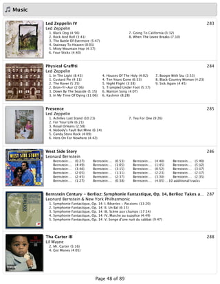 Music
283Led Zeppelin IV
Led Zeppelin
1. Black Dog (4:56)
2. Rock And Roll (3:41)
3. The Battle Of Evermore (5:47)
4. Stairway To Heaven (8:01)
5. Misty Mountain Hop (4:37)
6. Four Sticks (4:40)
7. Going To California (3:32)
8. When The Levee Breaks (7:10)
284Physical Graffiti
Led Zeppelin
1. In The Light (8:43)
1. Custard Pie (4:11)
2. The Rover (5:35)
2. Bron-Yr-Aur (2:06)
3. Down By The Seaside (5:15)
3. In My Time Of Dying (11:06)
4. Houses Of The Holy (4:02)
4. Ten Years Gone (6:33)
5. Night Flight (3:38)
5. Trampled Under Foot (5:37)
6. Wanton Song (4:07)
6. Kashmir (8:28)
7. Boogie With Stu (3:53)
8. Black Country Woman (4:23)
9. Sick Again (4:45)
285Presence
Led Zeppelin
1. Achilles Last Stand (10:23)
2. For Your Life (6:21)
3. Royal Orleans (2:58)
4. Nobody's Fault But Mine (6:14)
5. Candy Store Rock (4:09)
6. Hots On For Nowhere (4:42)
7. Tea For One (9:26)
286West Side Story
Leonard Bernstein
Bernstein:… (0:27)
Bernstein:… (4:49)
Bernstein:… (3:46)
Bernstein:… (2:05)
Bernstein:… (2:45)
Bernstein:… (1:27)
Bernstein:… (0:53)
Bernstein:… (1:05)
Bernstein:… (3:15)
Bernstein:… (1:31)
Bernstein:… (2:37)
Bernstein:… (0:38)
Bernstein:… (4:40)
Bernstein:… (1:45)
Bernstein:… (0:52)
Bernstein:… (2:23)
Bernstein:… (3:30)
Bernstein:… (4:05)
Bernstein:… (5:40)
Bernstein:… (5:12)
Bernstein:… (3:17)
Bernstein:… (2:17)
Bernstein:… (2:35)
…10 additional tracks
287Bernstein Century - Berlioz: Symphonie Fantastique, Op. 14, Berlioz Takes a…
Leonard Bernstein & New York Philharmonic
1. Symphonie Fantastique, Op. 14: I. Rêveries - Passions (13:20)
2. Symphonie Fantastique, Op. 14: II. Un Bal (6:15)
3. Symphonie Fantastique, Op. 14: III. Scène aux champs (17:14)
4. Symphonie Fantastique, Op. 14: IV. Marche au supplice (4:49)
5. Symphonie Fantastique, Op. 14: V. Songe d'une nuit du sabbat (9:47)
288Tha Carter III
Lil Wayne
2. Mr. Carter (5:16)
4. Got Money (4:05)
Page 48 of 89
 