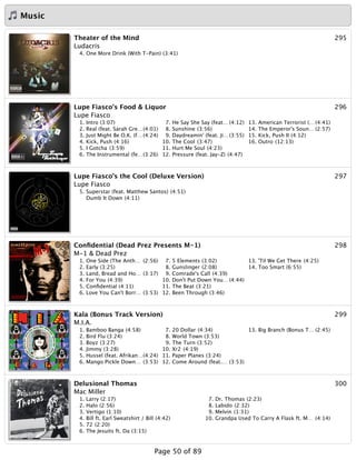 Music
295Theater of the Mind
Ludacris
4. One More Drink (With T-Pain) (3:41)
296Lupe Fiasco's Food & Liquor
Lupe Fiasco
1. Intro (3:07)
2. Real (feat. Sarah Gre…(4:01)
3. Just Might Be O.K. (f… (4:24)
4. Kick, Push (4:16)
5. I Gotcha (3:59)
6. The Instrumental (fe…(3:26)
7. He Say She Say (feat… (4:12)
8. Sunshine (3:56)
9. Daydreamin' (feat. Ji…(3:55)
10. The Cool (3:47)
11. Hurt Me Soul (4:23)
12. Pressure (feat. Jay-Z) (4:47)
13. American Terrorist (… (4:41)
14. The Emperor's Soun… (2:57)
15. Kick, Push II (4:12)
16. Outro (12:13)
297Lupe Fiasco's the Cool (Deluxe Version)
Lupe Fiasco
5. Superstar (feat. Matthew Santos) (4:51)
Dumb It Down (4:11)
298Conﬁdential (Dead Prez Presents M-1)
M-1 & Dead Prez
1. One Side (The Anth… (2:56)
2. Early (3:25)
3. Land, Bread and Ho… (3:17)
4. For You (4:39)
5. Conﬁdential (4:11)
6. Love You Can't Borr… (3:53)
7. 5 Elements (3:02)
8. Gunslinger (2:08)
9. Comrade's Call (4:39)
10. Don't Put Down You… (4:44)
11. The Beat (3:21)
12. Been Through (3:46)
13. 'Til We Get There (4:25)
14. Too Smart (6:55)
299Kala (Bonus Track Version)
M.I.A.
1. Bamboo Banga (4:58)
2. Bird Flu (3:24)
3. Boyz (3:27)
4. Jimmy (3:28)
5. Hussel (feat. Afrikan…(4:24)
6. Mango Pickle Down… (3:53)
7. 20 Dollar (4:34)
8. World Town (3:53)
9. The Turn (3:52)
10. Xr2 (4:19)
11. Paper Planes (3:24)
12. Come Around (feat.… (3:53)
13. Big Branch (Bonus T… (2:45)
300Delusional Thomas
Mac Miller
1. Larry (2:17)
2. Halo (2:56)
3. Vertigo (1:10)
4. Bill ft. Earl Sweatshirt / Bill (4:42)
5. 72 (2:20)
6. The Jesuits ft. Da (3:15)
7. Dr. Thomas (2:23)
8. Labido (2:32)
9. Melvin (1:31)
10. Grandpa Used To Carry A Flask ft. M… (4:14)
Page 50 of 89
 