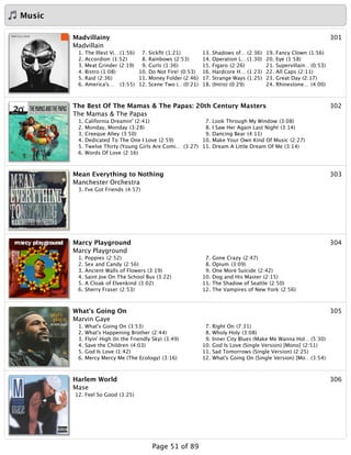 Music
301Madvillainy
Madvillain
1. The Illest Vi…(1:56)
2. Accordion (1:52)
3. Meat Grinder (2:19)
4. Bistro (1:08)
5. Raid (2:36)
6. America's… (3:55)
7. Sickﬁt (1:21)
8. Rainbows (2:53)
9. Curls (1:36)
10. Do Not Fire! (0:53)
11. Money Folder (2:46)
12. Scene Two (…(0:21)
13. Shadows of… (2:36)
14. Operation L…(1:30)
15. Figaro (2:26)
16. Hardcore H… (1:23)
17. Strange Ways (1:25)
18. (Intro) (0:29)
19. Fancy Clown (1:56)
20. Eye (1:58)
21. Supervillain… (0:53)
22. All Caps (2:11)
23. Great Day (2:17)
24. Rhinestone… (4:00)
302The Best Of The Mamas & The Papas: 20th Century Masters
The Mamas & The Papas
1. California Dreamin' (2:41)
2. Monday, Monday (3:28)
3. Creeque Alley (3:50)
4. Dedicated To The One I Love (2:59)
5. Twelve Thirty (Young Girls Are Comi… (3:27)
6. Words Of Love (2:16)
7. Look Through My Window (3:08)
8. I Saw Her Again Last Night (3:14)
9. Dancing Bear (4:11)
10. Make Your Own Kind Of Music (2:27)
11. Dream A Little Dream Of Me (3:14)
303Mean Everything to Nothing
Manchester Orchestra
3. I've Got Friends (4:57)
304Marcy Playground
Marcy Playground
1. Poppies (2:52)
2. Sex and Candy (2:56)
3. Ancient Walls of Flowers (3:19)
4. Saint Joe On The School Bus (3:22)
5. A Cloak of Elvenkind (3:02)
6. Sherry Fraser (2:53)
7. Gone Crazy (2:47)
8. Opium (3:09)
9. One More Suicide (2:42)
10. Dog and His Master (2:15)
11. The Shadow of Seattle (2:50)
12. The Vampires of New York (2:56)
305What's Going On
Marvin Gaye
1. What's Going On (3:53)
2. What's Happening Brother (2:44)
3. Flyin' High (In the Friendly Sky) (3:49)
4. Save the Children (4:03)
5. God Is Love (1:42)
6. Mercy Mercy Me (The Ecology) (3:16)
7. Right On (7:31)
8. Wholy Holy (3:08)
9. Inner City Blues (Make Me Wanna Hol…(5:30)
10. God Is Love (Single Version) [Mono] (2:51)
11. Sad Tomorrows (Single Version) (2:25)
12. What's Going On (Single Version) [Mo…(3:54)
306Harlem World
Mase
12. Feel So Good (3:25)
Page 51 of 89
 