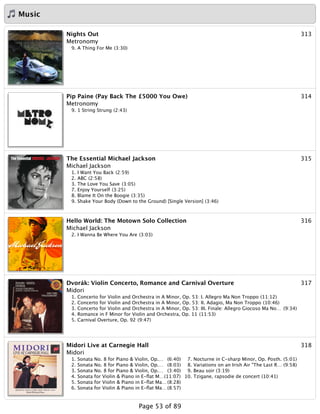 Music
313Nights Out
Metronomy
9. A Thing For Me (3:30)
314Pip Paine (Pay Back The £5000 You Owe)
Metronomy
9. 1 String Strung (2:43)
315The Essential Michael Jackson
Michael Jackson
1. I Want You Back (2:59)
2. ABC (2:58)
3. The Love You Save (3:05)
7. Enjoy Yourself (3:25)
8. Blame It On the Boogie (3:35)
9. Shake Your Body (Down to the Ground) [Single Version] (3:46)
316Hello World: The Motown Solo Collection
Michael Jackson
2. I Wanna Be Where You Are (3:03)
317Dvorák: Violin Concerto, Romance and Carnival Overture
Midori
1. Concerto for Violin and Orchestra in A Minor, Op. 53: I. Allegro Ma Non Troppo (11:12)
2. Concerto for Violin and Orchestra in A Minor, Op. 53: II. Adagio, Ma Non Troppo (10:46)
3. Concerto for Violin and Orchestra in A Minor, Op. 53: III. Finale: Allegro Giocoso Ma No… (9:34)
4. Romance in F Minor for Violin and Orchestra, Op. 11 (11:53)
5. Carnival Overture, Op. 92 (9:47)
318Midori Live at Carnegie Hall
Midori
1. Sonata No. 8 for Piano & Violin, Op.… (6:40)
2. Sonata No. 8 for Piano & Violin, Op.… (8:03)
3. Sonata No. 8 for Piano & Violin, Op.… (3:40)
4. Sonata for Violin & Piano in E-ﬂat M…(11:07)
5. Sonata for Violin & Piano in E-ﬂat Ma… (8:28)
6. Sonata for Violin & Piano in E-ﬂat Ma… (8:57)
7. Nocturne in C-sharp Minor, Op. Posth. (5:01)
8. Variations on an Irish Air "The Last R… (9:58)
9. Beau soir (3:19)
10. Tzigane, rapsodie de concert (10:41)
Page 53 of 89
 