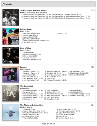 Music
319Yuri Bashmet: Brahms Sonatas
Mikhail Muntian & Yuri Bashmet
5. Sonata for Viola and Piano, Op. 120, No. 2 in E Flat Major, I. Allegro amabile (8:54)
6. Sonata for Viola and Piano, Op. 120, No. 2 in E Flat Major, II. Allegro appassionato, Sost… (5:58)
7. Sonata for Viola and Piano, Op. 120, No. 2 in E Flat Major, III. Andante con moto, Allegr… (7:10)
320Bitches Brew
Miles Davis
1. Pharaoh's Dance (20:06)
2. Bitches Brew (27:01)
1. Spanish Key (17:34)
2. John McLaughlin (4:25)
3. Miles Runs the Voodoo Down (14:05)
4. Sanctuary (10:59)
5. Feio (11:53)
321Kind of Blue
Miles Davis
1. So What (9:06)
2. Freddie Freeloader (9:36)
3. Blue In Green (5:29)
4. All Blues (11:34)
5. Flamenco Sketches (9:25)
322Bangerz
Miley Cyrus
Bangerz - iTunes LP ()
Bangerz - iTunes LP ()
1. Adore You (4:39)
2. We Can't Stop (3:51)
3. SMS (Bangerz) [feat.… (2:49)
4. 4x4 (feat. Nelly) (3:12)
5. My Darlin' (feat. Fut… (4:03)
6. Wrecking Ball (3:41)
7. Love Money Party (f… (3:40)
8. #GETITRIGHT (4:25)
9. Drive (4:15)
10. FU (feat. French Mo… (3:51)
11. Do My Thang (3:45)
12. Maybe You're Right (3:33)
13. Someone Else (4:48)
323The Cookbook
Missy Elliott
1. Joy (Featuring Mike… (4:50)
2. Partytime (3:04)
3. Irresistible Delicious…(4:16)
4. Lose Control (Featur…(3:47)
5. My Struggles (Featu… (2:52)
6. Meltdown (4:17)
7. On & On (4:46)
8. We Run This (3:24)
9. Remember When (4:19)
10. 4 My Man (Featurin… (4:13)
11. Can't Stop (3:49)
12. Teary Eyed (3:40)
13. Mommy (3:08)
14. Click Clack (2:55)
15. Time and Time Again (3:50)
16. Bad Man (Featuring… (5:12)
324The Moon and Antarctica
Modest Mouse
1. 3rd Planet (3:59)
2. Gravity Rides Everything (4:20)
3. Dark Center Of The Universe (5:03)
4. Perfect Disguise (2:41)
6. A Different City (3:08)
7. The Cold Part (5:01)
8. Alone Down There (2:23)
9. The Stars Are Projectors (8:47)
11. Paper Thin Walls (3:02)
12. I Came As A Rat (3:48)
13. Lives (3:19)
14. Life Like Weeds (6:31)
Page 54 of 89
 