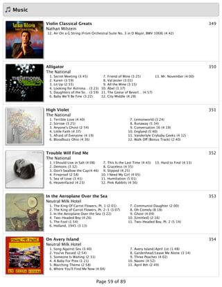 Music
349Violin Classical Greats
Nathan Milstein
12. Air On a G String (From Orchestral Suite No. 3 in D Major, BWV 1068) (4:42)
350Alligator
The National
1. Secret Meeting (3:45)
2. Karen (3:59)
3. Lit Up (2:55)
4. Looking for Astrona… (3:23)
5. Daughters of the So… (3:59)
6. Baby We’ll Be Fine (3:22)
7. Friend of Mine (3:25)
8. Val Jester (3:01)
9. All the Wine (3:15)
10. Abel (3:37)
11. The Geese of Beverl… (4:57)
12. City Middle (4:28)
13. Mr. November (4:00)
351High Violet
The National
1. Terrible Love (4:40)
2. Sorrow (3:25)
3. Anyone's Ghost (2:54)
4. Little Faith (4:37)
5. Afraid of Everyone (4:19)
6. Bloodbuzz Ohio (4:36)
7. Lemonworld (3:24)
8. Runaway (5:34)
9. Conversation 16 (4:19)
10. England (5:40)
11. Vanderlyle Crybaby Geeks (4:12)
12. Walk Off (Bonus Track) (2:40)
352Trouble Will Find Me
The National
1. I Should Live in Salt (4:08)
2. Demons (3:32)
3. Don't Swallow the Cap(4:46)
4. Fireproof (2:58)
5. Sea of Love (3:41)
6. Heavenfaced (4:23)
7. This Is the Last Time (4:43)
8. Graceless (4:35)
9. Slipped (4:25)
10. I Need My Girl (4:05)
11. Humiliation (5:01)
12. Pink Rabbits (4:36)
13. Hard to Find (4:13)
353In the Aeroplane Over the Sea
Neutral Milk Hotel
1. The King Of Carrot Flowers, Pt. 1 (2:01)
2. The King of Carrot Flowers, Pt. 2-3 (3:07)
3. In the Aeroplane Over the Sea (3:22)
4. Two-Headed Boy (4:26)
5. The Fool (1:54)
6. Holland, 1945 (3:13)
7. Communist Daughter (2:00)
8. Oh Comely (8:18)
9. Ghost (4:09)
10. [Untitled] (2:16)
11. Two-Headed Boy, Pt. 2 (5:14)
354On Avery Island
Neutral Milk Hotel
1. Song Against Sex (3:40)
2. You've Passed (2:54)
3. Someone Is Waiting (2:31)
4. A Baby For Pree (1:21)
5. Marching Theme (2:58)
6. Where You'll Find Me Now (4:04)
7. Avery Island/April 1st (1:48)
8. Gardenhead/Leave Me Alone (3:14)
9. Three Peaches (4:02)
10. Naomi (4:52)
11. April 8th (2:49)
Page 59 of 89
 