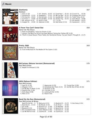 Music
367Stankonia
Outkast
1. Intro (1:10)
2. Gasoline Dr…(3:35)
3. I'm Cool (In… (0:42)
4. So Fresh, S… (4:00)
5. Ms. Jackson (4:31)
6. Snappin' &… (4:20)
7. D.F. (Interlu…(0:27)
8. Spaghetti J… (3:57)
9. Kim & Cook…(1:13)
10. I'll Call Befo…(4:19)
11. B.O.B. (5:04)
12. Xplosion (4:09)
13. Good Hair (… (0:15)
14. We Luv Dee… (4:11)
15. Humble Mu… (4:51)
16. Drinkin' Ag… (0:25)
17. ? (1:29)
18. Red Velvet (3:53)
19. Cruisin' In… (0:19)
20. Grangsta Sh't (4:41)
21. Toilet Tisha (4:25)
22. Slum Beauti…(4:08)
23. Pre-Nump (…(0:27)
24. Stankonia (… (6:51)
368A Fever You Can't Sweat Out
Panic! At The Disco
4. Nails For Breakfast, Tacks For Snacks (3:24)
7. Lying Is The Most Fun A Girl Can Have Without Taking Her Clothes Off (3:20)
12. There's A Good Reason These Tables Are Numbered Honey, You Just Haven't Thought O…(3:17)
369Pretty. Odd.
Panic! At The Disco
14. From A Mountain In The Middle Of The Cabins (3:02)
370McCartney (Deluxe Version) [Remastered]
Paul McCartney
12. Maybe I'm Amazed (3:50)
371NEW (Deluxe Edition)
Paul McCartney
1. Save Us (2:39)
2. Alligator (3:27)
3. On My Way To Work (3:43)
4. Queenie Eye (3:48)
5. Early Days (4:08)
6. New (2:57)
7. Appreciate (4:29)
8. Everybody Out There (3:21)
9. Hosanna (3:30)
10. I Can Bet (3:22)
11. Looking At Her (3:05)
12. Road (4:36)
13. Turned Out (3:00)
14. Get Me Out of Here (6:16)
372Band On the Run (Remastered)
Paul McCartney & Wings
Band On the Ru… ()
1. Band On th… (5:13)
2. Jet (4:08)
3. Bluebird (3:23)
4. Mrs Vandebilt(4:40)
5. Let Me Roll It (4:50)
6. Mamunia (4:51)
7. No Words (2:35)
8. Picasso's La…(5:49)
9. Nineteen H… (5:32)
1. Helen Wheels (3:46)
2. Country Dr… (3:09)
3. Bluebird (Fr… (3:27)
4. Jet (From "… (3:56)
5. Let Me Roll… (4:24)
6. Band On th… (5:14)
7. Nineteen H… (5:58)
8. Country Dr… (2:15)
9. Zoo Gang (2:01)
Page 62 of 89
 