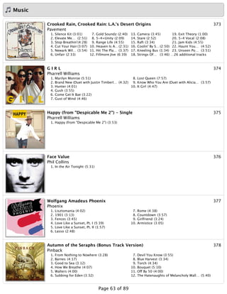 Music
373Crooked Rain, Crooked Rain: L.A.'s Desert Origins
Pavement
1. Silence Kit (3:01)
2. Elevate Me… (2:51)
3. Stop Breathin'(4:28)
4. Cut Your Hair (3:07)
5. Newark Wil… (3:54)
6. Unfair (2:33)
7. Gold Soundz (2:40)
8. 5-4=Unity (2:09)
9. Range Life (4:55)
10. Heaven Is A…(2:31)
11. Hit The Pla… (3:37)
12. Fillmore Jive (6:39)
13. Camera (3:45)
14. Stare (2:52)
15. Raft (3:34)
16. Coolin' By S… (2:50)
17. Kneeling Bus (1:34)
18. Strings Of… (3:46)
19. Exit Theory (1:00)
20. 5-4 Vocal (2:08)
21. Jam Kids (4:55)
22. Haunt You… (4:52)
23. Unseen Po… (3:51)
…26 additional tracks
374G I R L
Pharrell Williams
1. Marilyn Monroe (5:51)
2. Brand New (Duet with Justin Timberl… (4:32)
3. Hunter (4:01)
4. Gush (3:55)
6. Come Get It Bae (3:22)
7. Gust of Wind (4:46)
8. Lost Queen (7:57)
9. Know Who You Are (Duet with Alicia… (3:57)
10. It Girl (4:47)
375Happy (from "Despicable Me 2") - Single
Pharrell Williams
1. Happy (from "Despicable Me 2") (3:53)
376Face Value
Phil Collins
1. In the Air Tonight (5:31)
377Wolfgang Amadeus Phoenix
Phoenix
1. Lisztomania (4:02)
2. 1901 (3:13)
3. Fences (3:45)
4. Love Like a Sunset, Pt. I (5:39)
5. Love Like a Sunset, Pt. II (1:57)
6. Lasso (2:48)
7. Rome (4:38)
8. Countdown (3:57)
9. Girlfriend (3:24)
10. Armistice (3:05)
378Autumn of the Seraphs (Bonus Track Version)
Pinback
1. From Nothing to Nowhere (3:28)
2. Barnes (4:17)
3. Good to Sea (3:12)
4. How We Breathe (4:07)
5. Walters (4:00)
6. Subbing for Eden (3:32)
7. Devil You Know (3:55)
8. Blue Harvest (3:34)
9. Torch (4:34)
10. Bouquet (5:10)
11. Off By 50 (4:00)
12. The Hatenaughts of Melancholy Wall… (5:40)
Page 63 of 89
 
