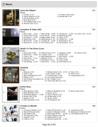 Music
391Come On Pilgrim
Pixies
1. Caribou (3:15)
2. Vamos (pilgrim) (2:54)
3. Isla de Encanta (1:41)
4. Ed Is Dead (2:30)
5. The Holiday Song (2:14)
6. Nimrod’s Son (2:17)
7. I’ve Been Tired (3:01)
8. Levitate Me (2:37)
392Complete 'B' Sides [UK]
Pixies
1. River Euphr… (3:24)
2. Vamos [Live] (3:29)
3. In Heaven (… (1:47)
4. Manta Ray (2:39)
5. Weird At M… (1:59)
6. Dancing Th… (2:14)
7. Wave Of Mu…(3:00)
8. Into The W… (4:43)
9. Bailey's Walk (2:24)
10. Make Believe (1:55)
11. I've Been W… (2:46)
12. The Thing (1:59)
13. Velvety Inst… (2:04)
14. Winterlong (3:07)
15. Santo (2:17)
16. Theme Fro… (1:48)
17. Build High (1:43)
18. Evil Hearted…(2:37)
19. Letter To M… (2:42)
393Death To The Pixies (Live)
Pixies
1. Cecilia Ann (2:06)
2. Planet Of S… (2:06)
3. Tame (1:56)
4. Here Come… (3:21)
8. Caribou (3:14)
9. The Holiday…(2:14)
10. Nimrod's Son (2:17)
11. U-Mass (3:01)
12. Bone Machine(3:01)
1. Debaser (2:54)
2. Rock Music (1:51)
4. Isla De Enc… (1:43)
5. Hangwire (2:00)
6. Dead (2:30)
7. Into The W… (3:30)
12. Hey (3:54)
16. Tame (2:06)
19. Ed Is Dead (2:52)
20. Vamos (4:35)
394Doolittle
Pixies
1. Debaser (2:55)
2. Tame (1:58)
3. Wave of Mutilation (2:07)
4. I Bleed (2:37)
5. Here Comes Your Man(3:24)
6. Dead (2:23)
7. Monkey Gone To He…(2:59)
8. Mr. Grieves (2:08)
9. Crackity Jones (1:26)
10. La La Love You (2:46)
11. No. 13 Baby (3:54)
12. There Goes My Gun (1:52)
13. Hey (3:34)
14. Silver (2:27)
15. Gouge Away (2:45)
395Surfer Rosa
Pixies
1. Bone Machine (3:04)
2. Break My Body (2:05)
3. Something Against… (1:48)
4. Broken Face (1:30)
5. Gigantic (3:55)
6. River Euphrates (2:32)
7. Where Is My Mind? (3:53)
8. Cactus (2:17)
9. Tony's Theme (1:52)
10. Oh My Golly! (2:33)
11. Vamos (4:20)
12. I'm Amazed (1:42)
13. Brick Is Red (2:01)
396Trompe Le Monde
Pixies
1. Trompe Le Monde (1:47)
2. Planet Of Sound (2:06)
3. Alec Eiffel (2:50)
4. The Sad Punk (3:00)
5. Head On (2:14)
6. U-Mass (3:01)
7. Palace Of The Brine (1:34)
8. Letter To Memphis (2:40)
9. Bird Dream Of The… (2:48)
10. Space (I Believe In) (4:19)
11. Subbacultcha (2:10)
12. Distance Equals Rat… (1:24)
13. Lovely Day (2:06)
14. Motorway To Roswell (4:44)
15. The Navajo Know (2:20)
Page 66 of 89
 