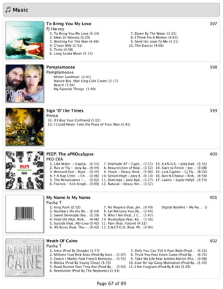 Music
397To Bring You My Love
PJ Harvey
1. To Bring You My Love (5:34)
2. Meet Ze Monsta (3:29)
3. Working For The Man (4:49)
4. C'mon Billy (2:51)
5. Teclo (4:58)
6. Long Snake Moan (5:15)
7. Down By The Water (3:15)
8. I Think I'm A Mother (4:03)
9. Send His Love To Me (4:21)
10. The Dancer (4:06)
398Pomplamoose
Pomplamoose
Mister Sandman (4:41)
Nature Boy (Nat King Cole Cover) (2:17)
Beat It (3:04)
My Favorite Things (3:40)
399Sign 'O' the Times
Prince
11. If I Was Your Girlfriend (5:02)
13. I Could Never Take the Place of Your Man (3:41)
400PEEP: The aPROcalypse
PRO ERA
1. Like Water  - Capita… (3:31)
2. Run or Fly -  Joey Ba…(4:44)
3. Wrecord Out - Nyck… (3:45)
4. F A Rap Critic  - Ch… (3:46)
5. The Renaissance -… (3:02)
6. Florists - Kirk Knigh…(3:09)
7. Interlude 47 - Capit… (3:55)
8. Resurrection of Real…(3:52)
9. Vinyls - Dessy Hind… (5:06)
10. School High - Joey B…(6:10)
11. Overseas - Joey Bad… (3:27)
12. Natural - Dessy Hin… (3:52)
13. K.I.N.G.S. - Joey bad…(3:11)
14. Start to Finish - Joe… (3:08)
15. Last Cypher - Cj Fly… (8:32)
16. Bun N Cheese - Kirk…(4:54)
17. Lawns - Super Helpf…(3:53)
401My Name Is My Name
Pusha T
1. King Push (2:52)
2. Numbers On the Bo… (2:44)
3. Sweet Serenade (fea… (3:39)
4. Hold On (feat. Rick… (4:46)
5. Suicide (feat. Ab-Liva) (3:42)
6. 40 Acres (feat. The-…(4:42)
7. No Regrets (feat. Jee…(4:49)
8. Let Me Love You (fe… (3:44)
9. Who I Am (feat. 2 C… (3:42)
10. Nosetalgia (feat. Ke… (3:36)
11. Pain (feat. Future) (4:11)
12. S.N.I.T.C.H. (feat. Ph…(4:04)
Digital Booklet - My Na… ()
402Wrath Of Caine
Pusha T
1. Intro (Prod By Dready) (1:57)
2. Millions Feat Rick Ross (Prod By Sout… (5:07)
3. Doesn t Matter Feat French Montana… (3:55)
4. Blocka (Prod By Young Chop) (3:35)
5. Road Runner Feat Troy Ave (Prod By… (3:03)
6. Revolution (Prod By The Neptunes) (1:43)
7. Only You Can Tell It Feat Wale (Prod… (4:11)
8. Trust You Feat Kevin Gates (Prod By… (4:35)
9. Take My Life Feat Andrea Martin (Pro… (3:08)
10. Liva-Re-Up Gang Motivation (Prod By…(1:41)
11. I Am Forgiven (Prod By B nk) (3:29)
Page 67 of 89
 